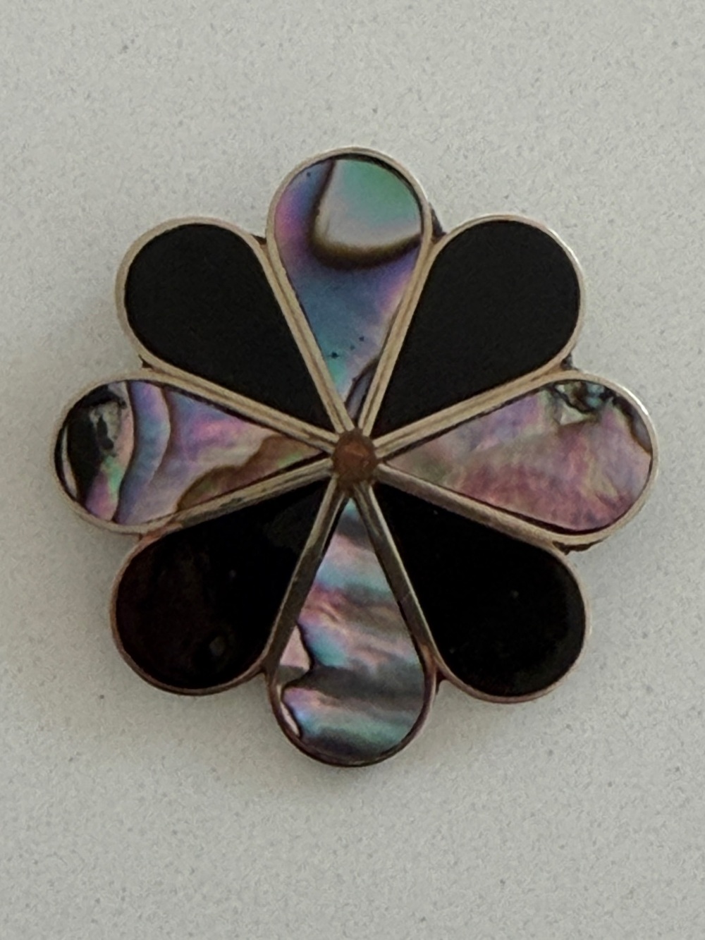 VINTAGE Brooch Alpaca Silver Floral Abalone & Black Petals Inlay Pendant Loop